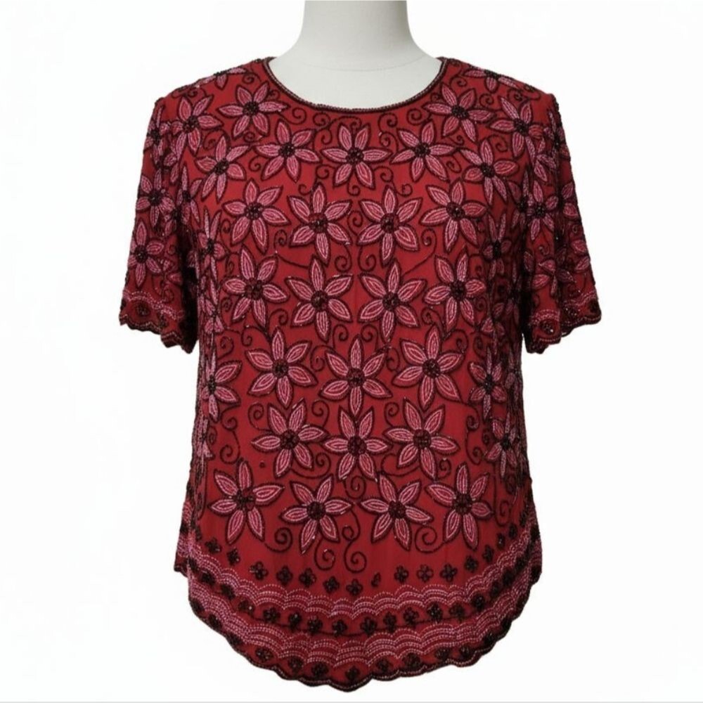 VTG Papell Boutique Red Black Evening Vintage Beaded Silk Top Fuul Back Zip EUC